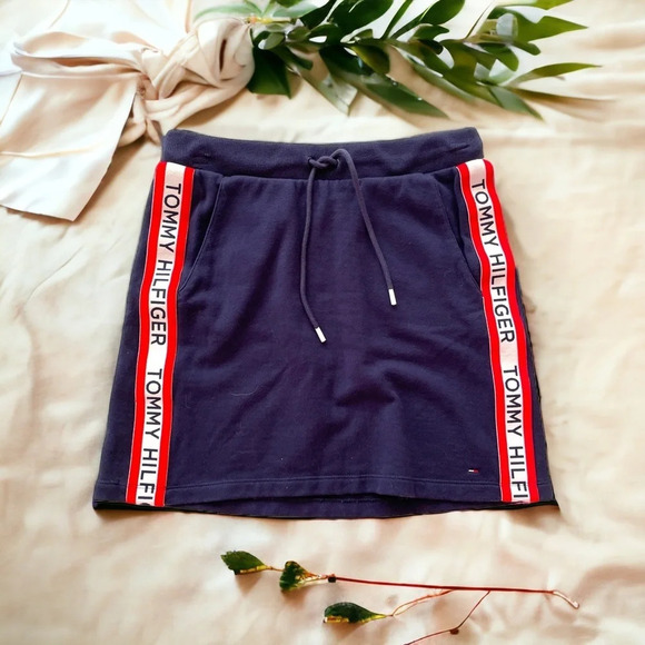 Tommy Hilfiger Navy Red White Logo Stripe Mini Preppy Stretch Skirt Size XXS - Picture 1 of 10